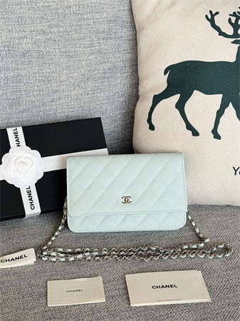 Ch*el wallet on chain grained calfskin silver tone metal pale blue ap0250