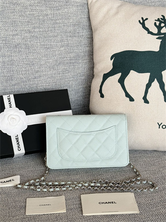 Ch*el wallet on chain grained calfskin silver tone metal pale blue ap0250