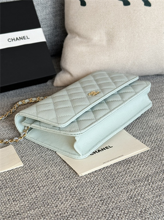 Ch*el wallet on chain grained calfskin gold tone metal pale blue ap0250