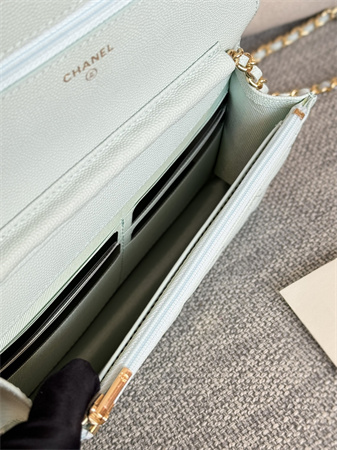 Ch*el wallet on chain grained calfskin gold tone metal pale blue ap0250