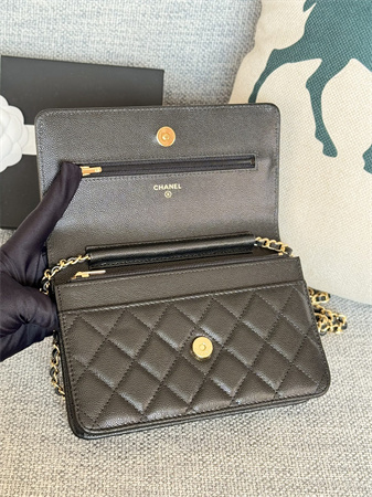 Ch*el wallet on chain grained calfskin gold tone metal black ap0250