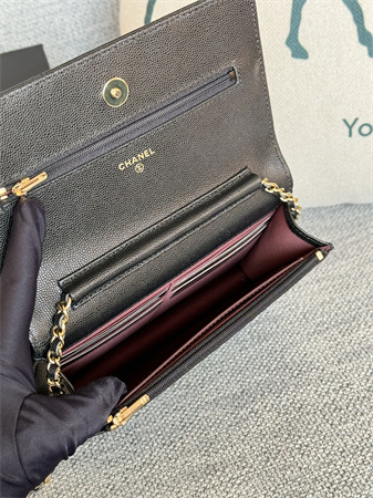 Ch*el wallet on chain grained calfskin gold tone metal black ap0250