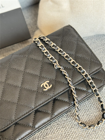 Ch*el wallet on chain grained calfskin silver tone metal black ap0250