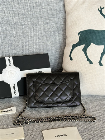 Ch*el wallet on chain grained calfskin silver tone metal black ap0250