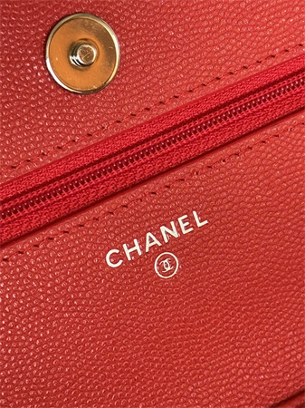 Ch*el wallet on chain grained calfskin silver tone metal red ap0250