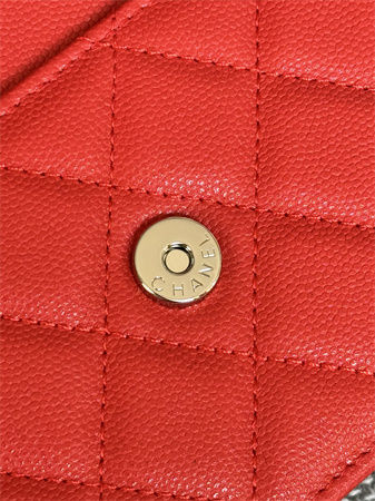 Ch*el wallet on chain grained calfskin silver tone metal red ap0250