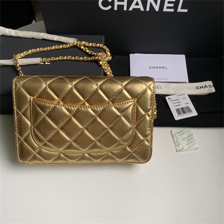 Ch*el wallet on chain lambskin gold tone metal gold ap0250
