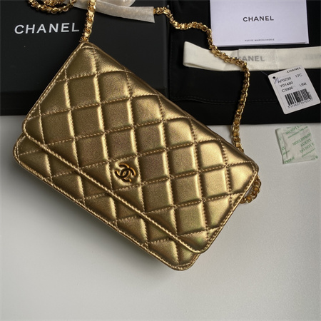 Ch*el wallet on chain lambskin gold tone metal gold ap0250