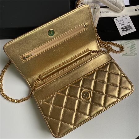 Ch*el wallet on chain lambskin gold tone metal gold ap0250