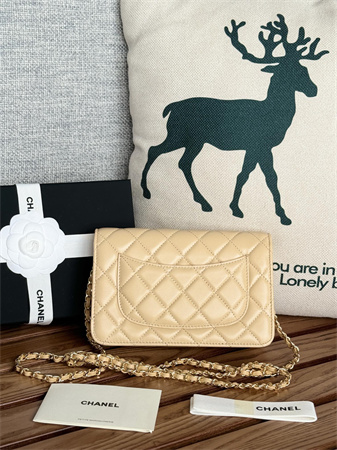 Ch*el wallet on chain lambskin gold tone metal beige ap0250