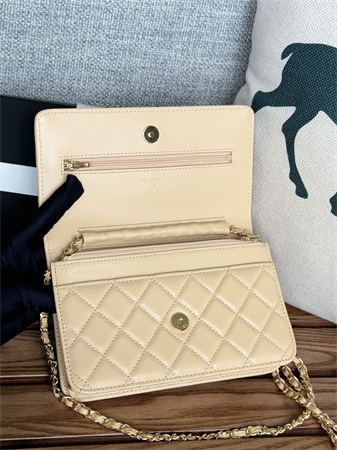 Ch*el wallet on chain lambskin gold tone metal beige ap0250