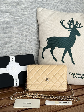 Ch*el wallet on chain lambskin silver tone metal beige ap0250