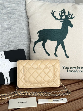 Ch*el wallet on chain lambskin silver tone metal beige ap0250