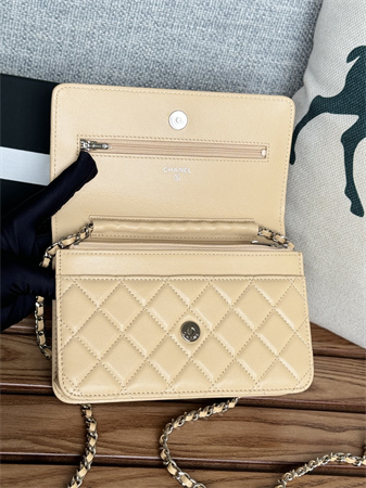 Ch*el wallet on chain lambskin silver tone metal beige ap0250