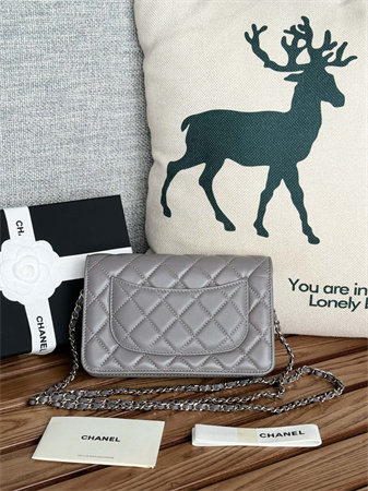 Ch*el wallet on chain lambskin silver tone metal grey ap0250