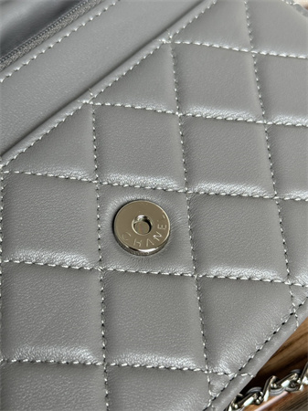 Ch*el wallet on chain lambskin silver tone metal grey ap0250