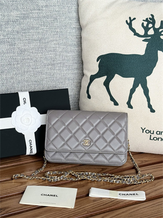 Ch*el wallet on chain lambskin gold tone metal grey ap0250