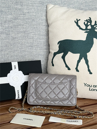 Ch*el wallet on chain lambskin gold tone metal grey ap0250