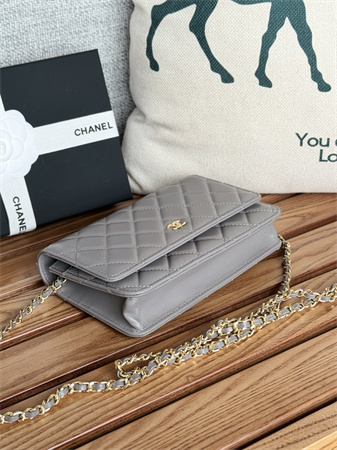 Ch*el wallet on chain lambskin gold tone metal grey ap0250