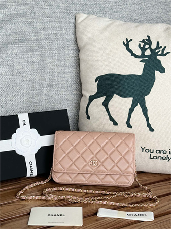 Ch*el wallet on chain lambskin gold tone metal pink ap0250