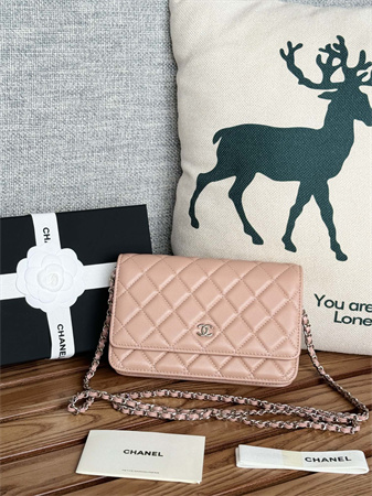 Ch*el wallet on chain lambskin silver tone metal pink ap0250