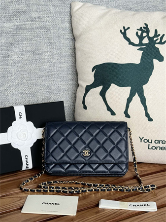 Ch*el wallet on chain lambskin gold tone metal navy ap0250