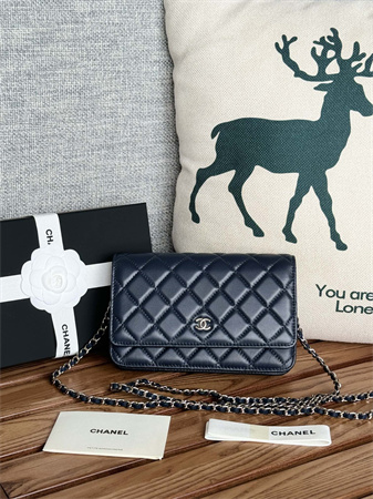 Ch*el wallet on chain lambskin silver tone metal navy ap0250