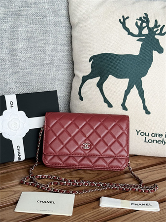 Ch*el wallet on chain lambskin silver tone metal burgundy ap0250