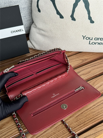 Ch*el wallet on chain lambskin silver tone metal burgundy ap0250