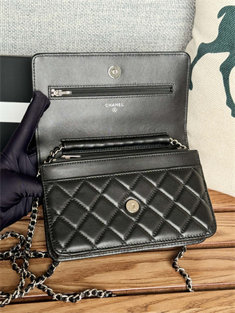 Ch*el wallet on chain lambskin silver tone metal black ap0250