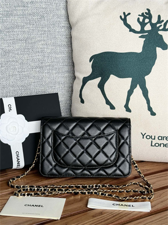 Ch*el wallet on chain lambskin gold tone metal black ap0250