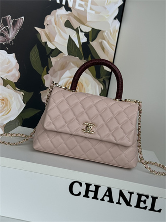 Ch*el small coco handle bag grained calfskin lt gold metal pink a92990