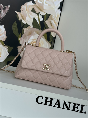 Ch*el small coco handle bag grained calfskin lt gold metal pink a92990