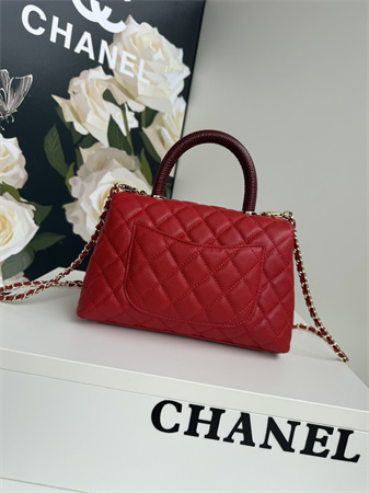 Ch*el small coco handle bag grained calfskin lt gold metal red a92990