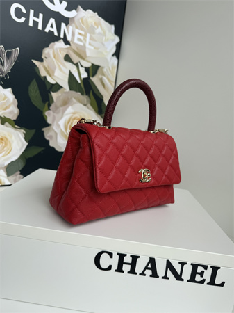 Ch*el small coco handle bag grained calfskin lt gold metal red a92990