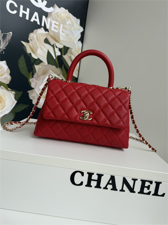 Ch*el small coco handle bag grained calfskin lt gold metal red a92990
