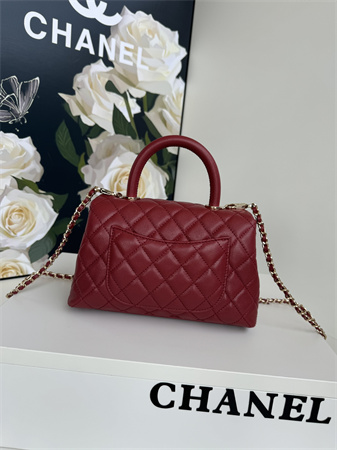 Ch*el small coco handle bag grained calfskin lt gold metal burgundy a92990