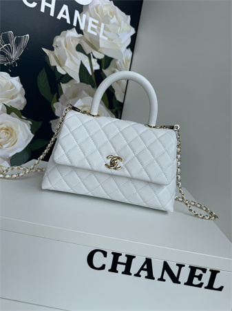 Ch*el small coco handle bag grained calfskin lt gold metal white a92990