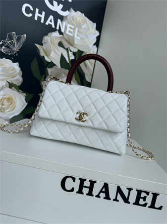 Ch*el small coco handle bag grained calfskin lt gold metal white a92990