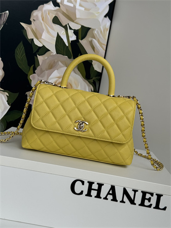 Ch*el small coco handle bag grained calfskin lt gold metal yellow a92990