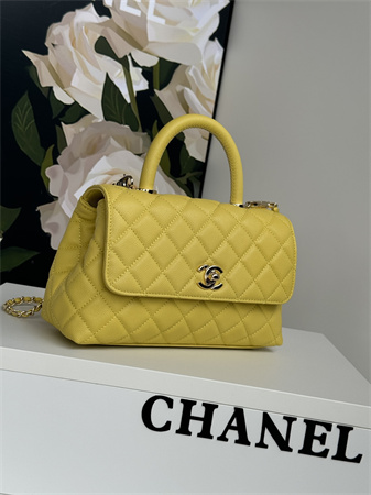 Ch*el small coco handle bag grained calfskin lt gold metal yellow a92990