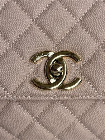 Ch*el large coco handle bag grained calfskin lt gold metal pink a92991