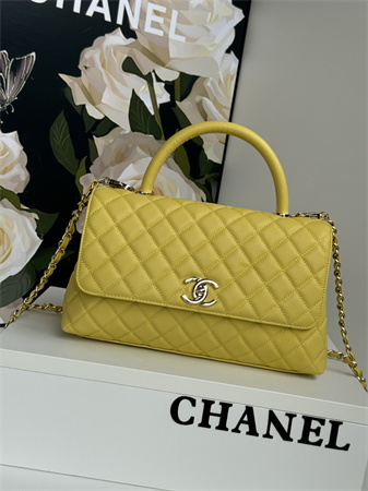 Ch*el large coco handle bag grained calfskin lt gold metal yellow a92991