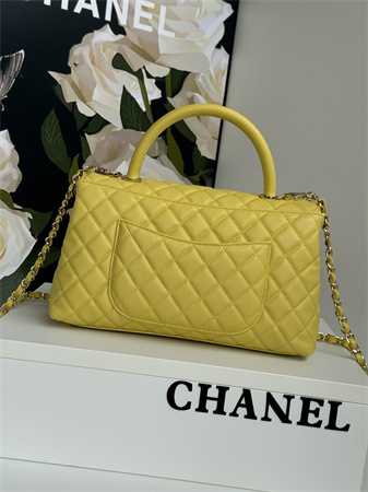 Ch*el large coco handle bag grained calfskin lt gold metal yellow a92991