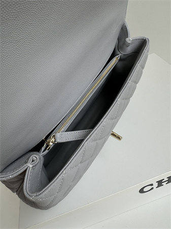 Ch*el large coco handle bag grained calfskin lt gold metal grey a92991