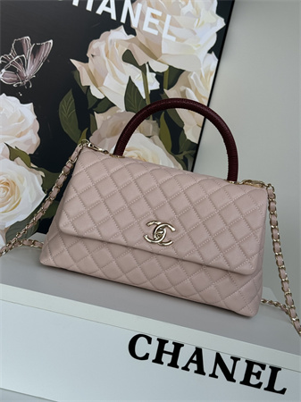 Ch*el large coco handle bag grained calfskin lt gold metal pink a92991