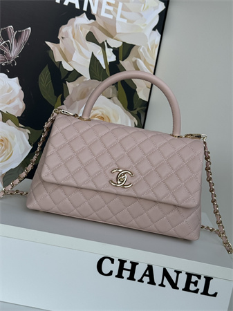 Ch*el large coco handle bag grained calfskin lt gold metal pink a92991