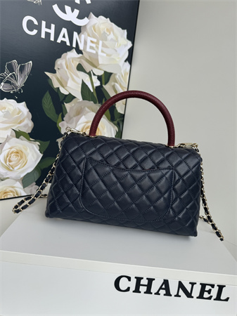 Ch*el large coco handle bag grained calfskin lt gold metal black a92991