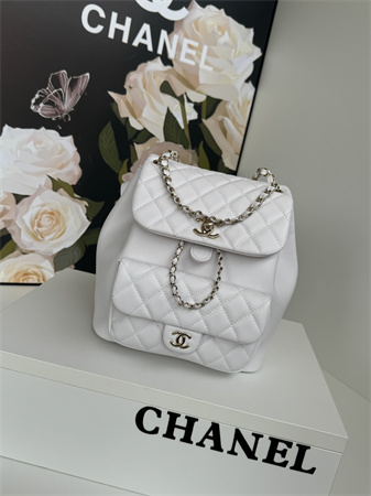 Ch*el duma backpack grained calfskin gold tone metal white as3618