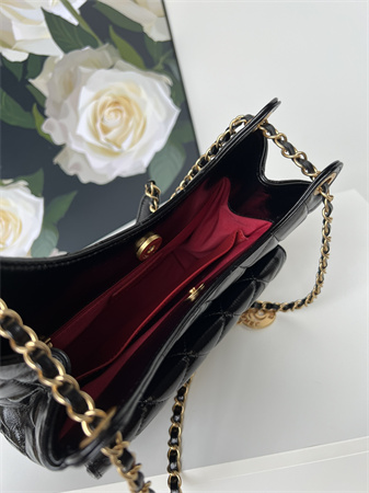 Ch*el hobo handbag shiny crumpled calfskin gold tone metal black as4322